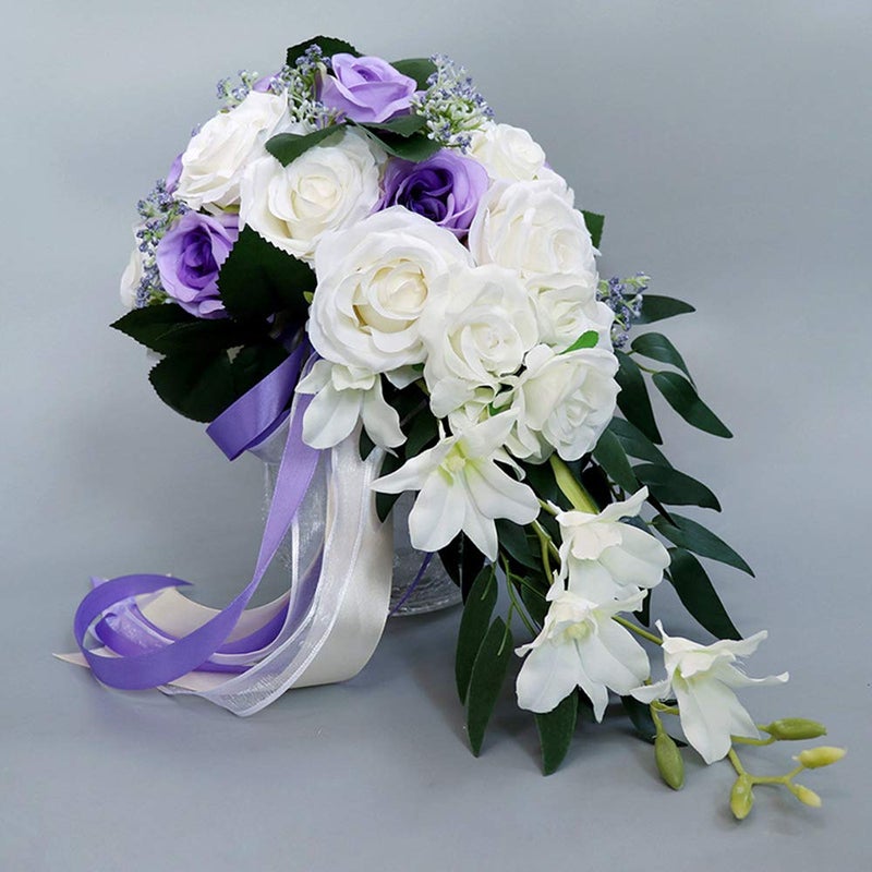 ChezMax Wedding Bridal Bouquet Artificial Rose Flowers with Ribbons Waterfall Flowers Bunch for Decorations - Image 5